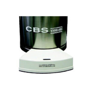 A close-up view of the base of a CBS Isothermal V3000-ABC Carousel with a white Cryo-Step freezer accessory labeled “www.custombiogenics.com” on the front.