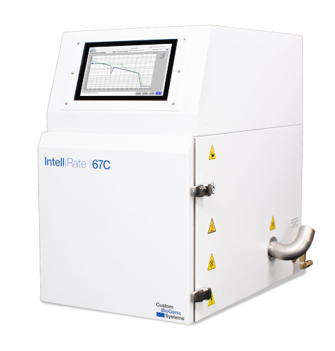 A white laboratory device labeled IntelliRate i67C, designed for controlled rate freezers and cryopreservation, features a touchscreen display with a graph, metal pipe attachment, and several yellow caution symbols on its surface.