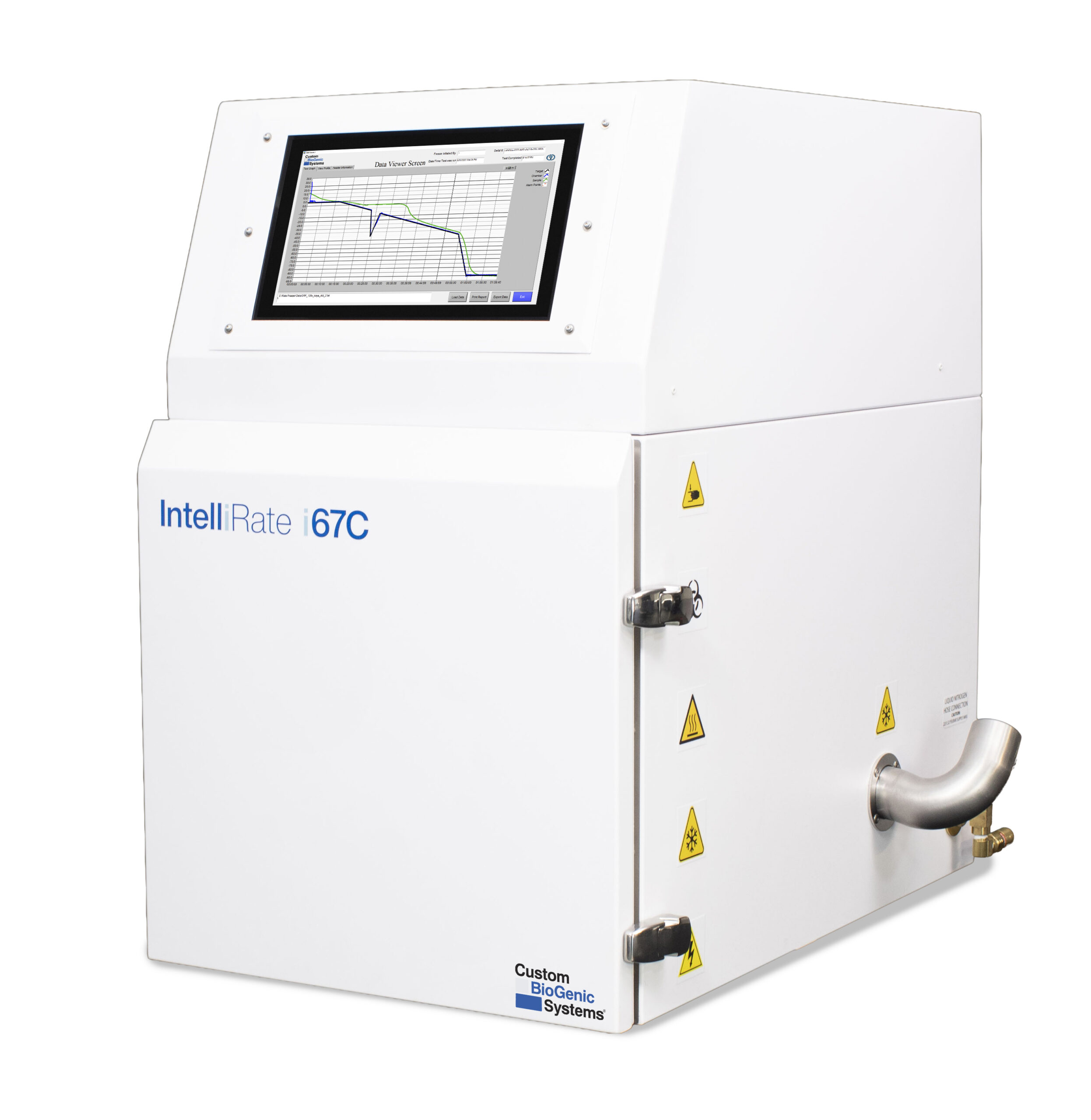 A white laboratory instrument labeled IntelliRate 67C, this Controlled Rate Freezer features a touchscreen graph, warning symbols, a side handle, and a pipe. It is branded Custom Biogenic Systems.
