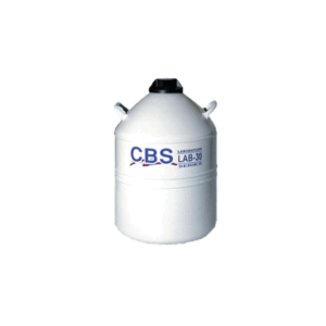 A white Lab Series Dewars storage container labeled C.B.S LAB-30 with a black lid and two side handles, designed for storing materials at low temperatures.