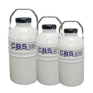 Three white cylindrical cryogenic storage containers with black lids and metal handles, labeled CBS Series and SC Vapor Series, are positioned side by side; the central container is the tallest, and the one on the right is the shortest.