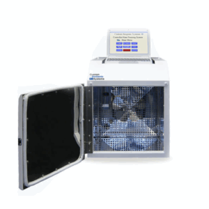 The Model 2101 laboratory freezer features a digital display, control panel with buttons, and a front door that opens to reveal an internal fan and metallic interior panels. Its white and metallic exterior suits any laboratory setting.