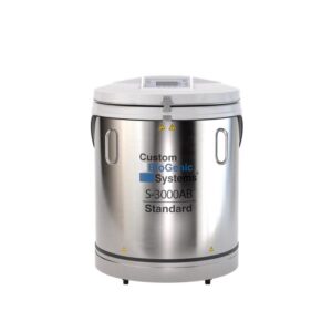A stainless steel 345 Liter LN2 Freezer from the S Series, labeled Custom BioGenic Systems S-3000AB Standard with a digital display and side handles. The cylindrical tank features safety warning symbols near the base.