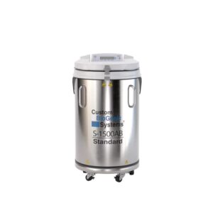 A stainless steel LN2 Freezer from the S Series, the Custom BioGenic Systems S-1500AB Standard features a 145 liter capacity, digital display on top, two side handles, and wheels on the base.
