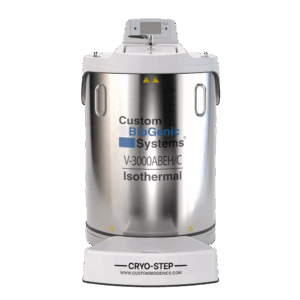 A stainless steel Isothermal Freezer cryogenic storage tank labeled “Custom Biogenic Systems, V-3000ABEH/C, 89 Liters” with a white base marked “CRYO-STEP” is displayed on a plain white background.