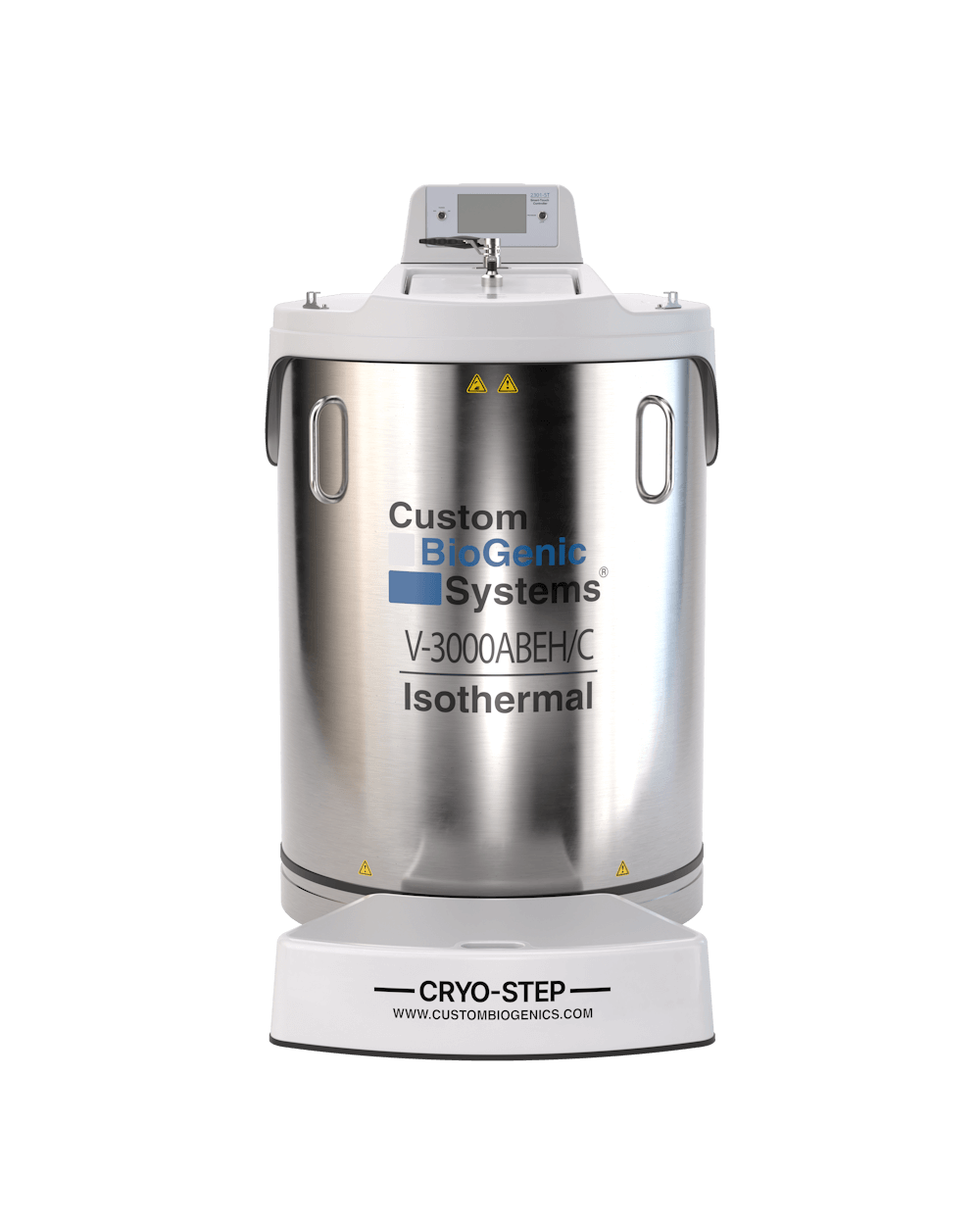 A stainless steel Isothermal Freezer cryogenic storage tank labeled “Custom Biogenic Systems, V-3000ABEH/C, 89 Liters” with a white base marked “CRYO-STEP” is displayed on a plain white background.