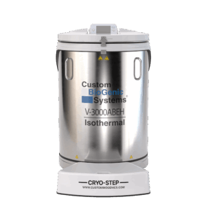 A stainless steel cryogenic storage tank labeled Custom BioGenic Systems V-3000ABEH Isothermal stands on a white CRYO-STEP platform, alongside advanced Isothermal Freezers like the V-5000AB, designed for 93 liters of secure sample storage.