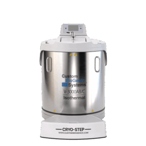 A large, cylindrical stainless steel Isothermal Freezer labeled Carousel V-3000AB/C with a 70 Liters capacity, featuring a digital control panel on top and a white platform labeled Cryo-Step at the base.