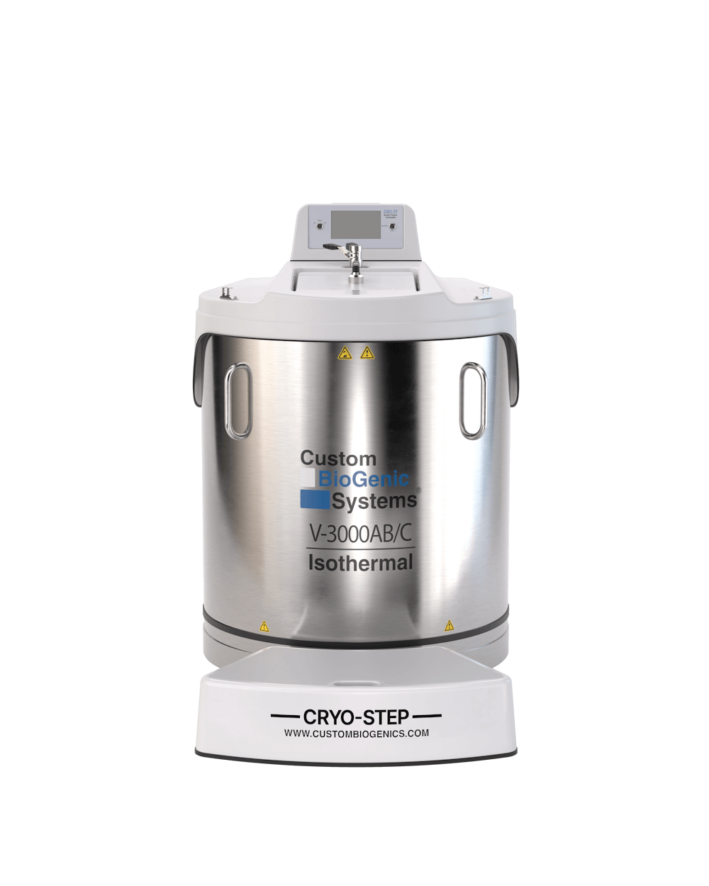 A large, cylindrical stainless steel Isothermal Freezer labeled Carousel V-3000AB/C with a 70 Liters capacity, featuring a digital control panel on top and a white platform labeled Cryo-Step at the base.