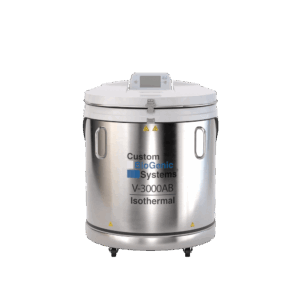 A large, cylindrical stainless steel isothermal freezer labeled Custom BioGenic Systems V-3000AB, with a 70 liters capacity, digital display on top, and side handles—designed for storage in laboratory or medical settings.
