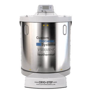 A large, cylindrical stainless steel cryogenic storage tank labeled Custom BioGenic Systems V-5000ABEH/C Isothermal Freezer stands on a white base marked CRYO-STEP. A digital control panel is mounted on top; capacity is approximately 140 liters.