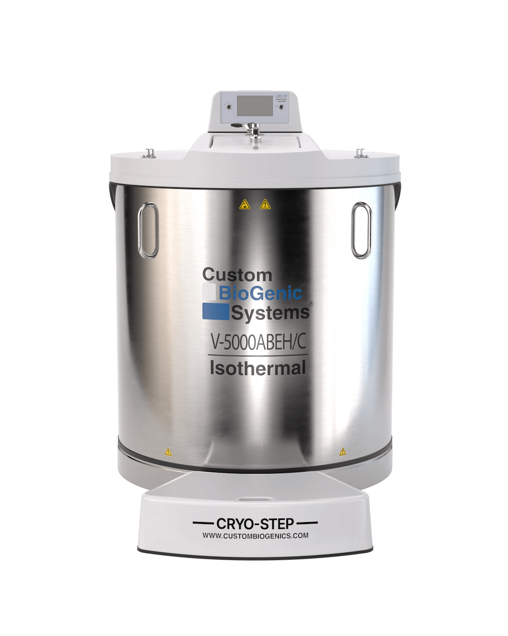 A large, cylindrical stainless steel cryogenic storage tank labeled Custom BioGenic Systems V-5000ABEH/C Isothermal Freezer stands on a white base marked CRYO-STEP. A digital control panel is mounted on top; capacity is approximately 140 liters.