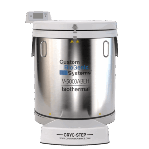 A large stainless steel cryogenic storage tank labeled Custom Biogenic Systems V-5000ABEH Isothermal Freezer, featuring a digital display on top and the website www.custombiogenics.com on the base. Part of the advanced V Series.