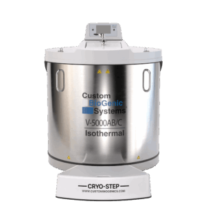 A large, cylindrical stainless steel V-5000AB/C Isothermal Freezer from Custom BioGenic Systems with a digital display on top stands on a platform labeled CRYO-STEP, ideal for carousel freezers or advanced cryogenic storage needs.