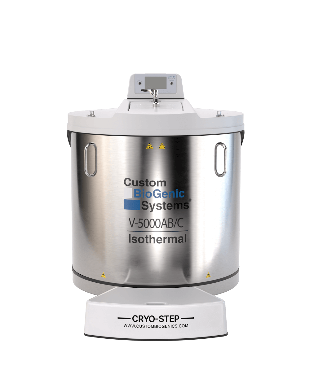 A large, cylindrical stainless steel V-5000AB/C Isothermal Freezer from Custom BioGenic Systems with a digital display on top stands on a platform labeled CRYO-STEP, ideal for carousel freezers or advanced cryogenic storage needs.