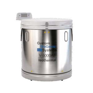 A large stainless steel isothermal storage tank labeled Custom BioGenic Systems V-5000AB, part of the V Series Freezers line, with a digital control panel attached to the top left side.