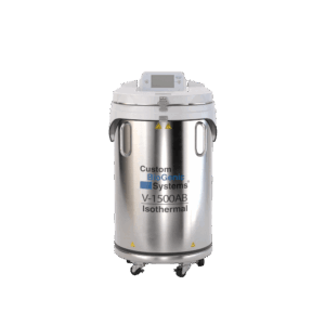 A stainless steel isothermal storage tank labeled “Custom BioGenic Systems V-1500AB Isothermal,” featuring a digital display, two handles, and four wheels for mobility—ideal for labs needing reliable isothermal freezers or 30 liters of storage capacity.