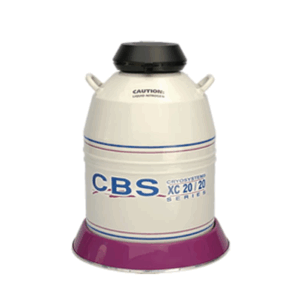 A white, metal Cryosystems XC Series cryogenic storage container labeled XC 20/20 with blue and purple stripes, two side handles, a black lid on top, and a 20.5 liters capacity.