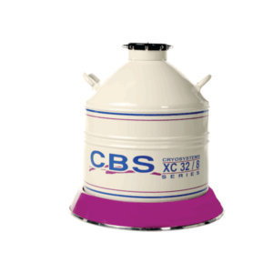 A white, cylindrical Cryosystems XC Series cryogenic storage container labeled XC 32/8, featuring blue and purple stripes and a wide purple base, holds up to 32 liters. Shown against a plain white background.