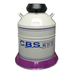 A cylindrical metal container labeled Cryosystems XC Series 33.4 Liters, featuring a black lid, white body, and purple base, used for storing liquid nitrogen.