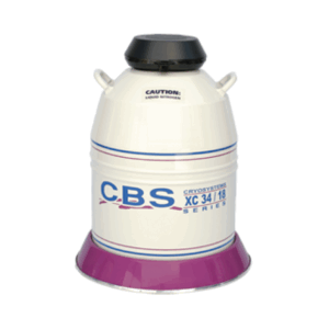 A white and purple Cryosystems XC Series cryogenic storage tank labeled XC 34/18, featuring a black lid and metal side handles, is placed on a purple base. This model has a 34.8 liters capacity for reliable sample storage.