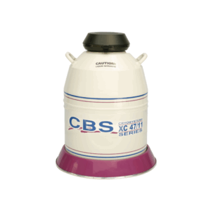 A white and purple liquid nitrogen storage tank labeled Cryosystems XC 47/11 Series with caution text near the black lid, two side handles, and a 47.4 Liters capacity.