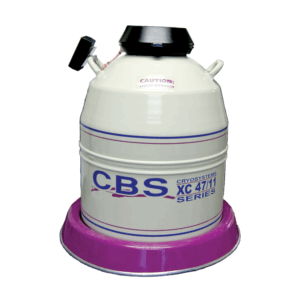 A white liquid nitrogen storage tank labeled Cryosystems XC 47/11-10 from the XC Series, with purple and blue text, a black cap, caution label, and a capacity of 47.4 Liters, stands on a purple base.