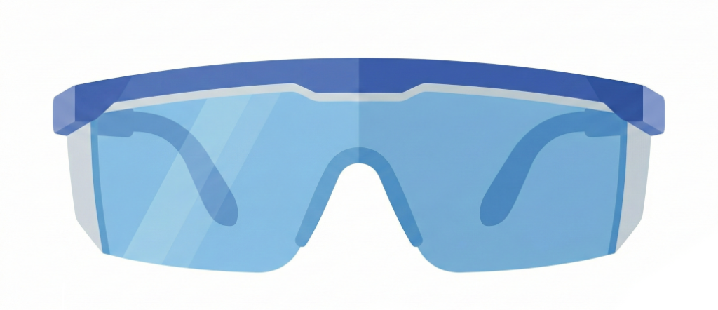 A pair of blue safety goggles with a wrap-around design, transparent blue lenses, and a solid blue frame—essential for expert field services—on a white background.