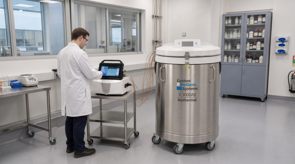 An expert field services technician in a white lab coat operates a touchscreen device on a metal cart beside a large stainless steel cryogenic storage tank in a laboratory filled with shelves of bottles and specialized equipment.